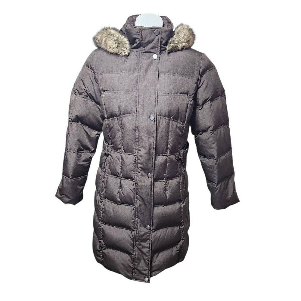 Utex Canada puffer coat down feather‎ faux fur collar brown long medium